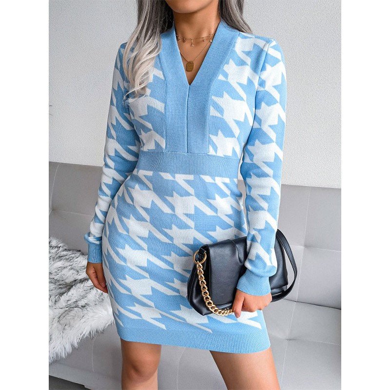 Women Knitted Dress Charming Plaid Acrylic Long Sleeves V-Neck Sweater Dresses Classic  Traditional Fall Winter