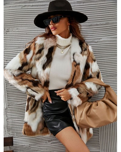 Faux Fur Coats Coffee BrownTwo-Tone Women Winter Outerwear Classic  Traditional Casual Street Wear Field