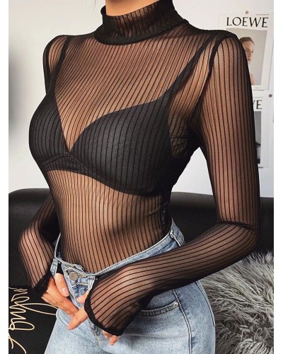 Women Long Sleeves Bodysuit Black Halter Top