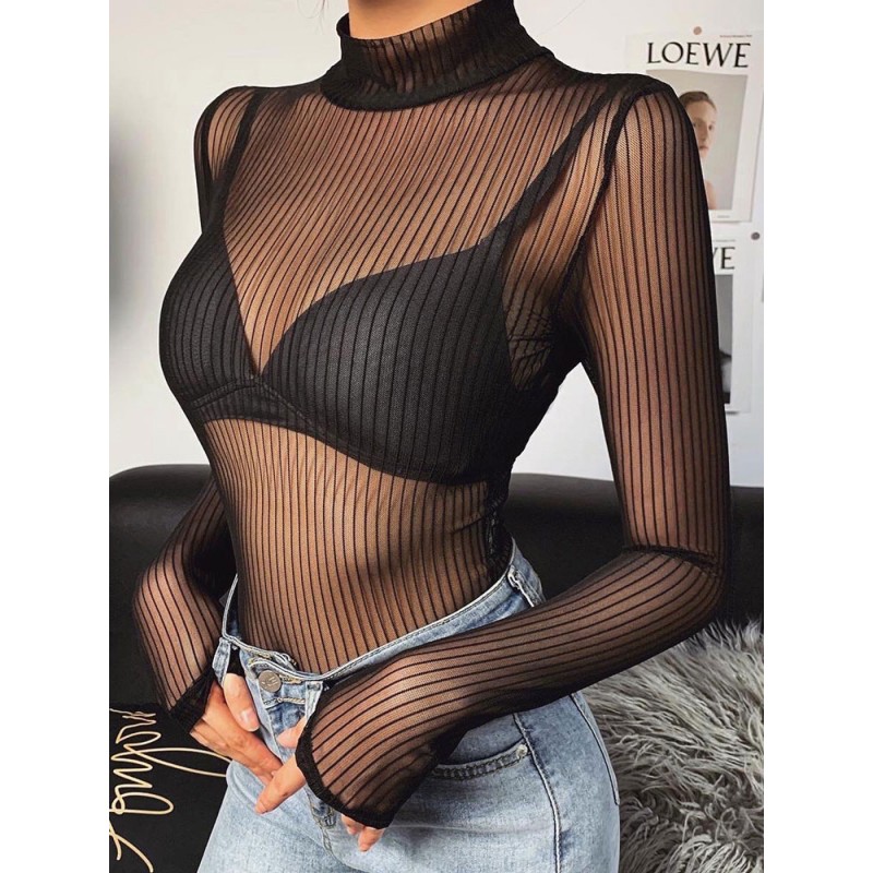 Women Long Sleeves Bodysuit Black Halter Top