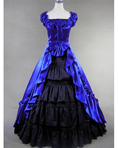 Victorian Dress Costume Blue Satin Ruffle For Women's Short Sleeves Ball Gown Retro Outfits Halloween Victorian Era Holiday