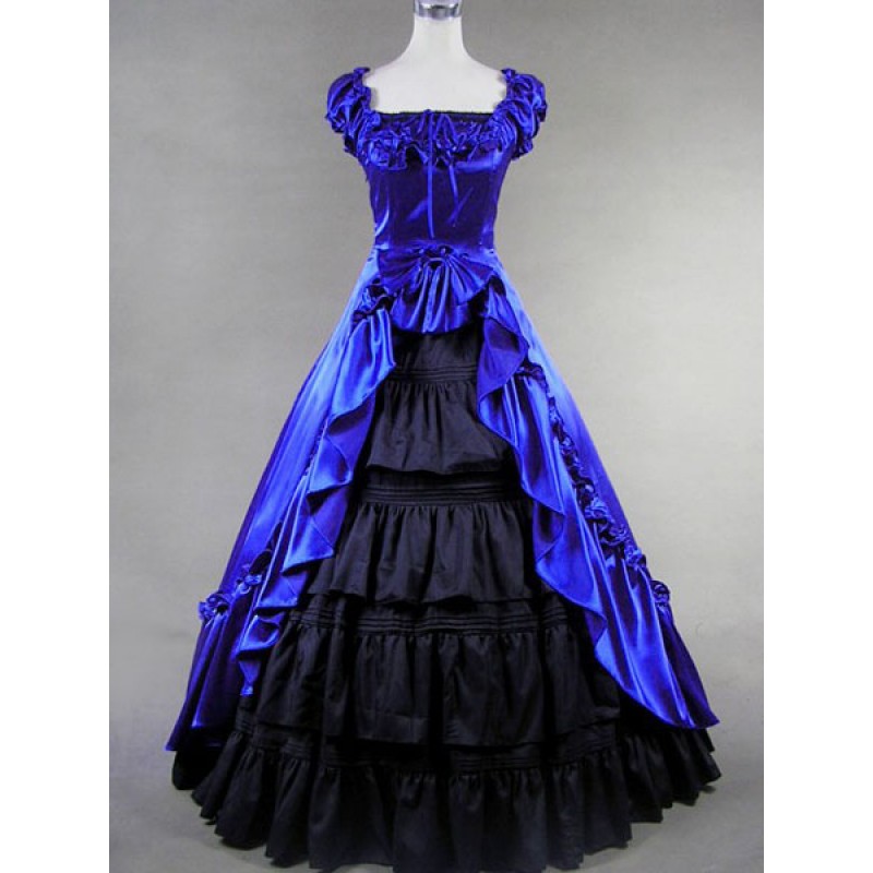 Victorian Dress Costume Blue Satin Ruffle For Women's Short Sleeves Ball Gown Retro Outfits Halloween Victorian Era Holiday