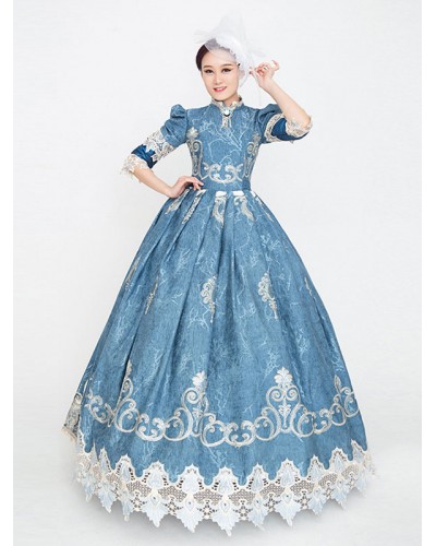 Women Blue Retro Costumes Ruffles Polyester Marie Antoinette Costume Floral Print Dress 's Masquerade Ball Gown Tunic Vintage Euro-Style