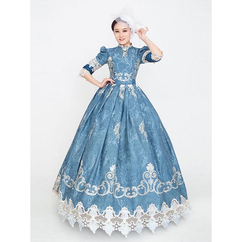 Women Blue Retro Costumes Ruffles Polyester Marie Antoinette Costume Floral Print Dress 's Masquerade Ball Gown Tunic Vintage Euro-Style