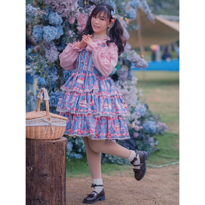 Sweet Lolita JSK Dress Cotton Sleeveless Ruffles Strawberry Print Pattern Lolita Jumper Skirt Fall