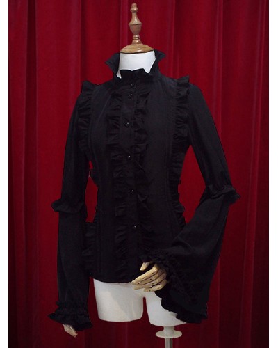 Chiffon Lolita Blouse Long Hime Sleeves Stand Collar Ruffles Lace Up Elegant  Luxurious Daily Casual