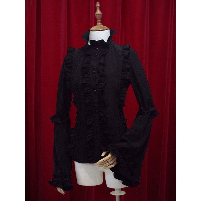 Chiffon Lolita Blouse Long Hime Sleeves Stand Collar Ruffles Lace Up Elegant  Luxurious Daily Casual