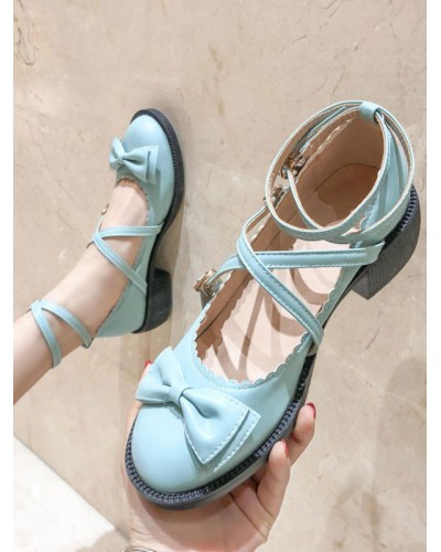 Sweet Lolita Shoes Bows Round Toe Leather Lolita Pumps Daily Casual