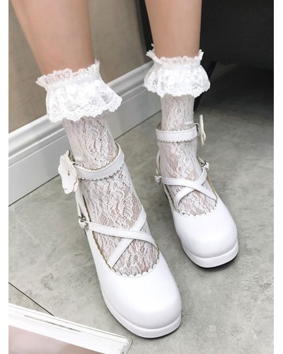 Classic Lolita Strappy Flower Platform White Chunky Heel Lolita Footwear Shoes