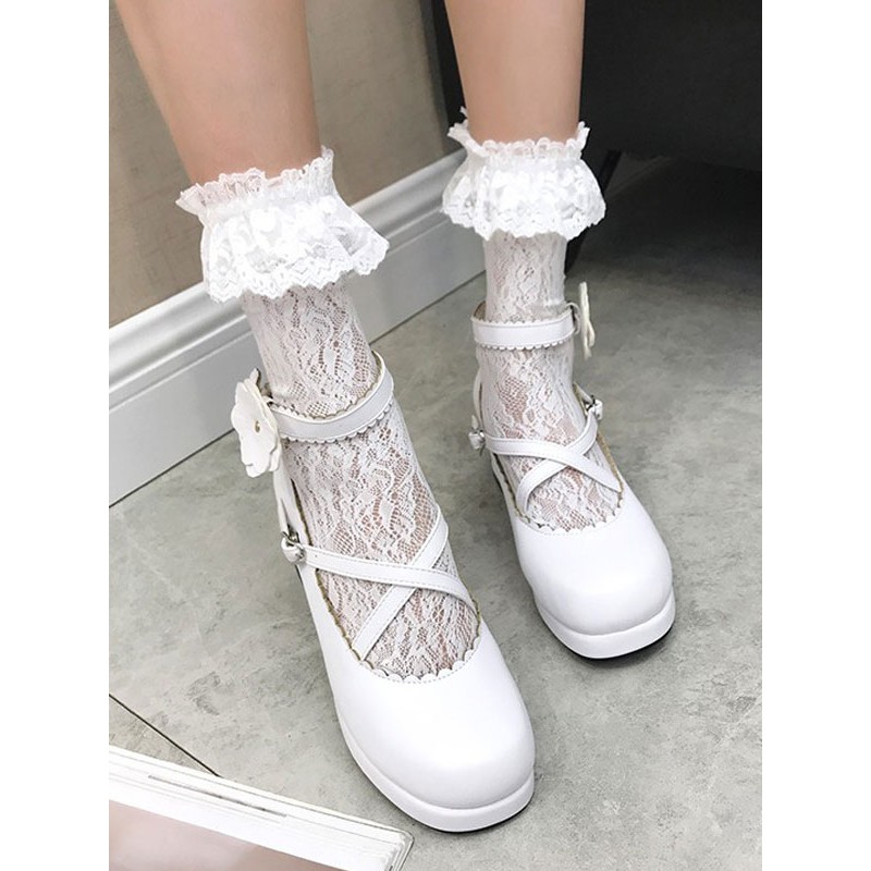 Classic Lolita Strappy Flower Platform White Chunky Heel Lolita Footwear Shoes