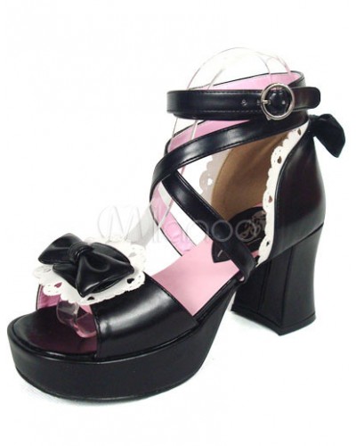 Hot Black And White 3'' Chunky Heel Platform Bow Ankle Strap Lolita Sandals