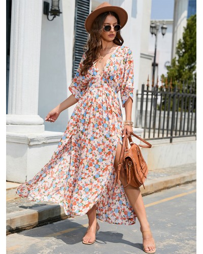 Women V-Neck Dress Half Sleeves Sexy Floral Print Oversized Floor Length Dress Maxi Spring Summer Fall