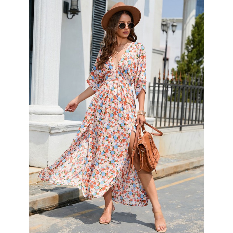 Women V-Neck Dress Half Sleeves Sexy Floral Print Oversized Floor Length Dress Maxi Spring Summer Fall