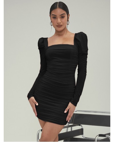 Black Bodycon Dress Square Neck Long Sleeve Ruched Short Wrap Dresses For Women Sexy Street Wear Night Out