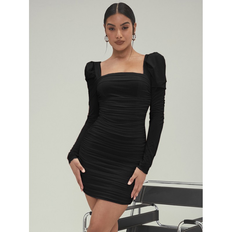 Black Bodycon Dress Square Neck Long Sleeve Ruched Short Wrap Dresses For Women Sexy Street Wear Night Out