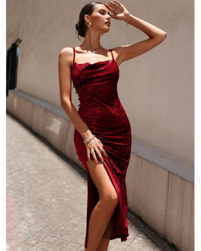 Club Dress For Women Burgundy Straps Neck Split Front Sleeveless Stretch Dress Sexy