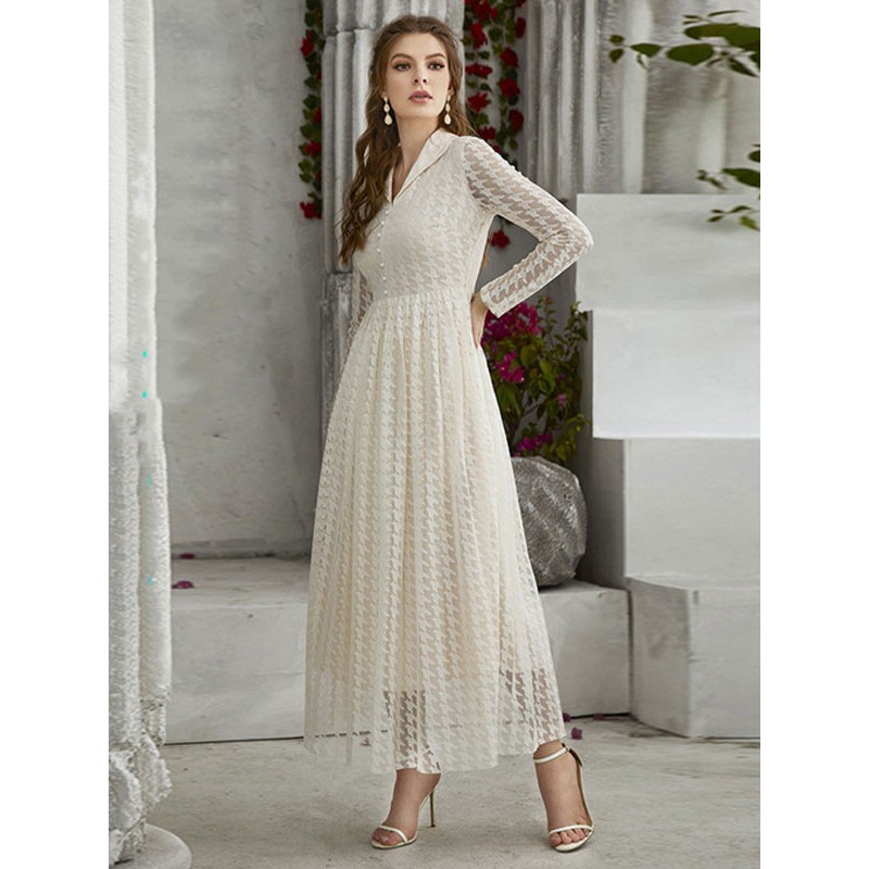 Women V-Neck Maxi Dress Long Sleeves Casual Sheer Buttons Long Dress Elegant Spring Fall