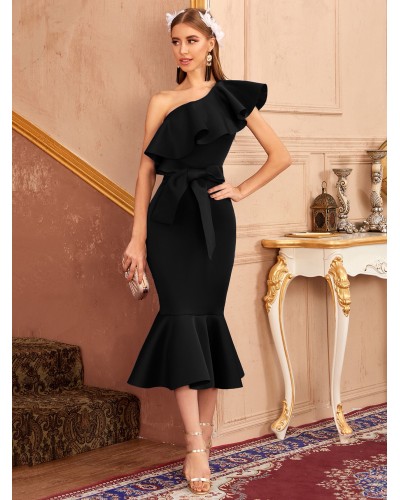 Women Birthday Party Dresses Black One Shoulder Sleeveless Open Shoulder Long Semi Formal Dress Chic  Modern Summer