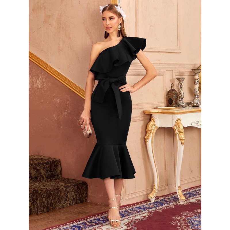 Women Birthday Party Dresses Black One Shoulder Sleeveless Open Shoulder Long Semi Formal Dress Chic  Modern Summer