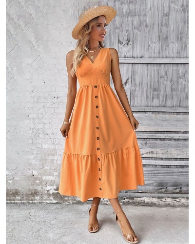 Dress V-Neck Buttons Orange Medium Beach Dress Summer Street Wear Daily Casual Resort Wear