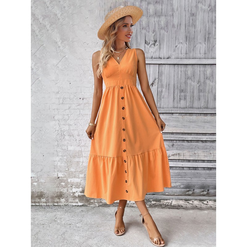 Dress V-Neck Buttons Orange Medium Beach Dress Summer Street Wear Daily Casual Resort Wear