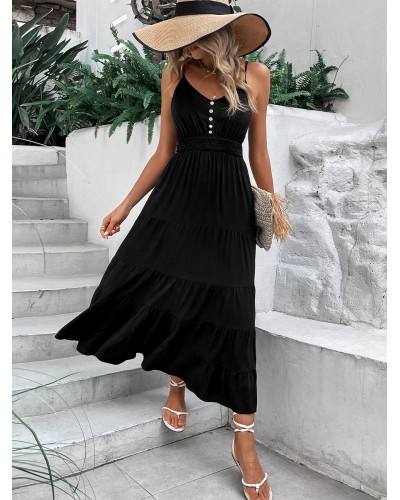 Women Dress V-Neck Buttons Black Medium Beach Dress Summer