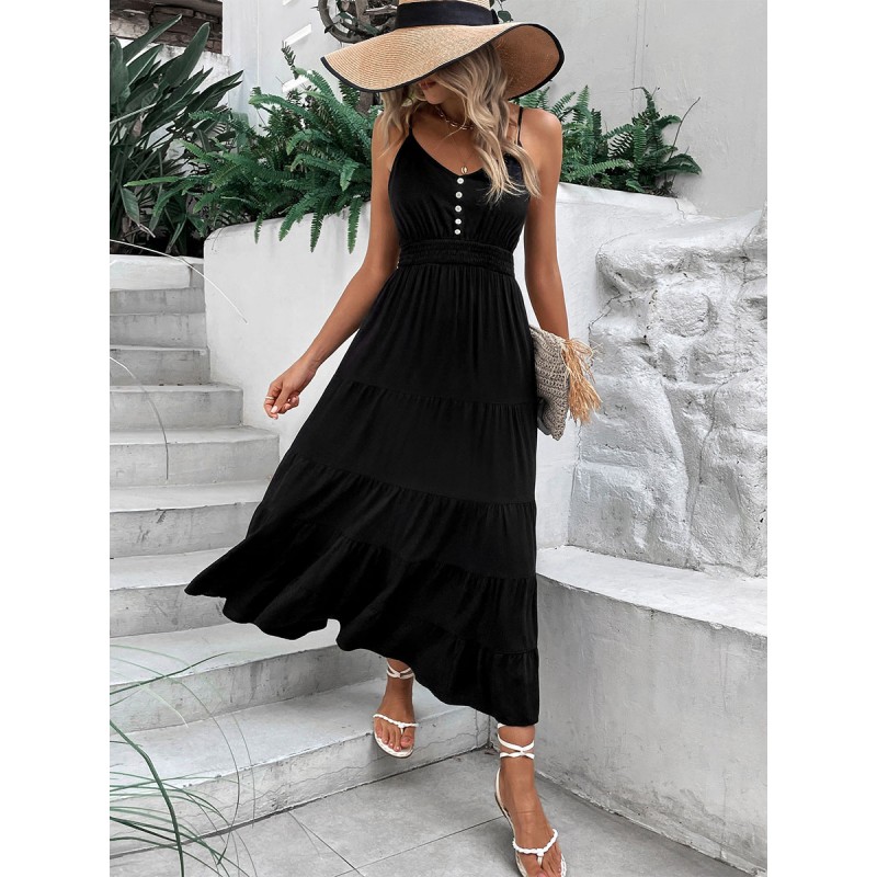 Women Dress V-Neck Buttons Black Medium Beach Dress Summer