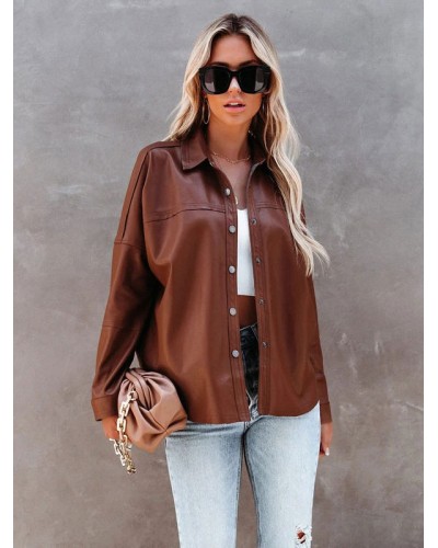 Women 's PU Shacket Outerwear 2023 Leather Jacket Spring Fall Winter Street Wear Office  Career