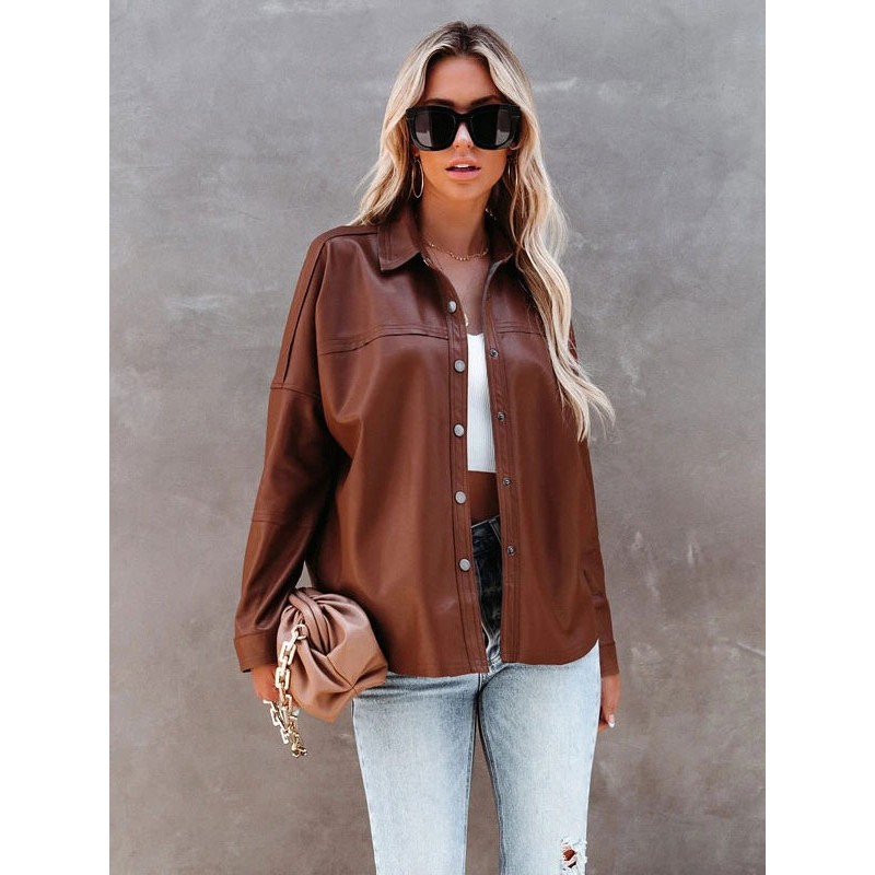 Women 's PU Shacket Outerwear 2023 Leather Jacket Spring Fall Winter Street Wear Office  Career