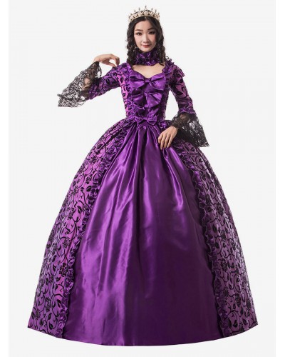 Women Victorian Dress Costume 's Grape Lace Long Sleeves Ruffle Floral Print Ball Gown Victorian Era Style Set With Choker Vintage Clothing Halloween Sets Victorian Era