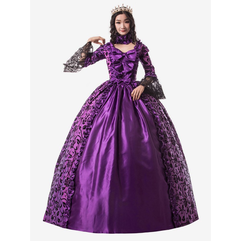 Women Victorian Dress Costume 's Grape Lace Long Sleeves Ruffle Floral Print Ball Gown Victorian Era Style Set With Choker Vintage Clothing Halloween Sets Victorian Era