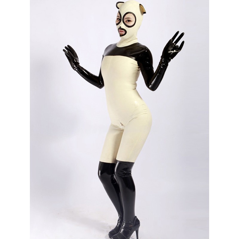 Unisex Halloween Sweet Black White Split Latex Catsuit Halloween