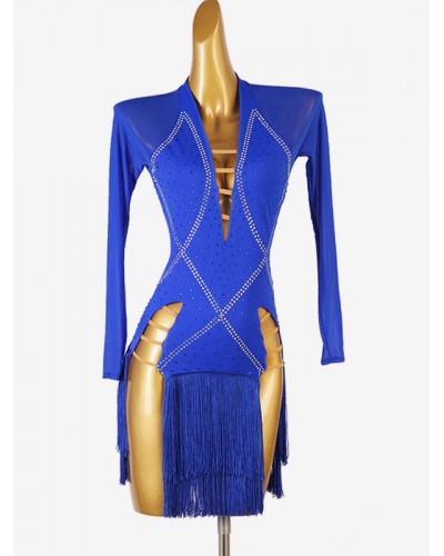 Women Latin Dance Costume Royal Blue 's Lycra Spandex Dress Dancing Wear