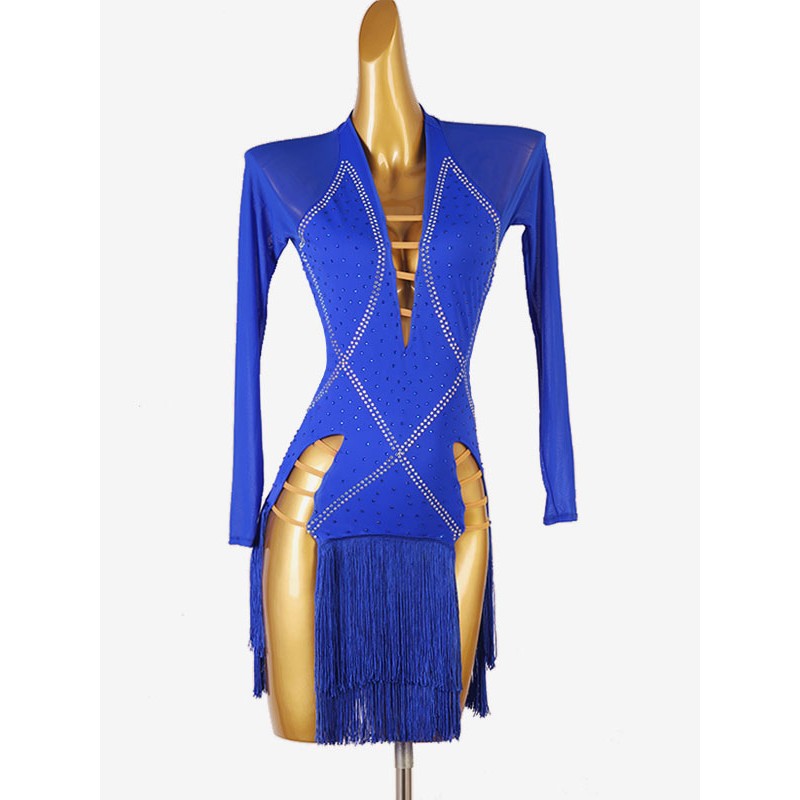 Women Latin Dance Costume Royal Blue 's Lycra Spandex Dress Dancing Wear