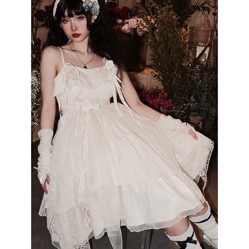 Lolita JSK Dress Ecru White Lolita Jumper Skirts Pastoral Style Spring Summer Fall