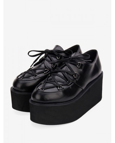 Gothic Lolita Shoes Black Flatform Lace Up Round Toe Leather Lolita Pumps Party