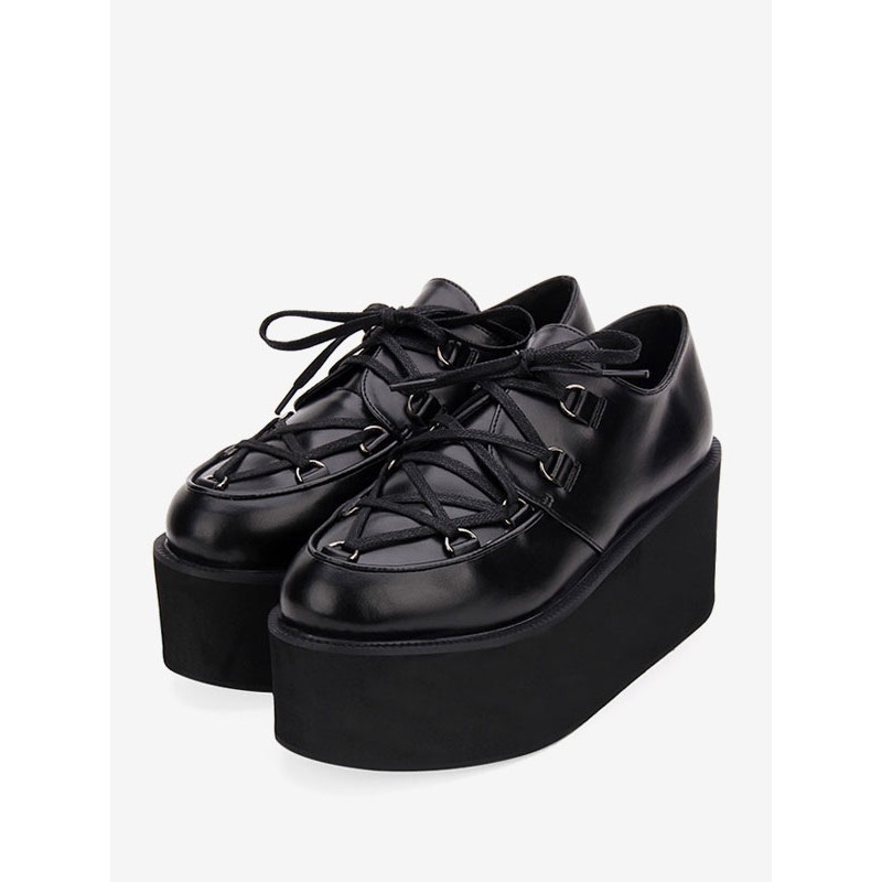 Gothic Lolita Shoes Black Flatform Lace Up Round Toe Leather Lolita Pumps Party