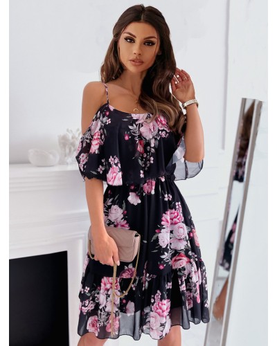 Women Skater Dresses Floral Print Straps Neck Pink Sexy Half Sleeves Fit And Flare Dress Summer