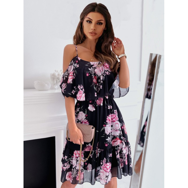 Women Skater Dresses Floral Print Straps Neck Pink Sexy Half Sleeves Fit And Flare Dress Summer