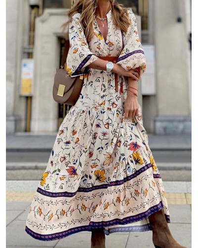 Women Long Dress V-Neck Half Sleeves Floral Print Pattern Stretch Dress Maxi Resort Wear