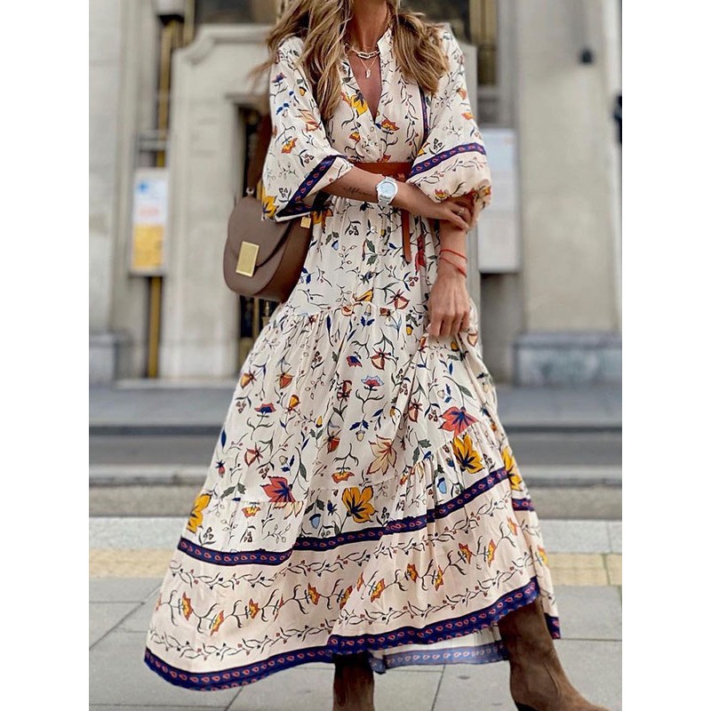 Women Long Dress V-Neck Half Sleeves Floral Print Pattern Stretch Dress Maxi Resort Wear