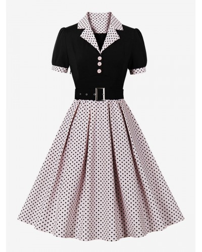 Vintage Dress Pink Polka Dot 1950s Audrey Hepburn Style Sash Short Sleeves V-Neck Knee Length Swing Dress Bodycon Classic  Traditional Chic  Modern Casual Spring Summer Fall