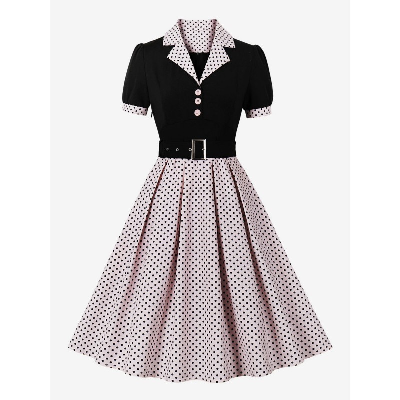 Vintage Dress Pink Polka Dot 1950s Audrey Hepburn Style Sash Short Sleeves V-Neck Knee Length Swing Dress Bodycon Classic  Traditional Chic  Modern Casual Spring Summer Fall