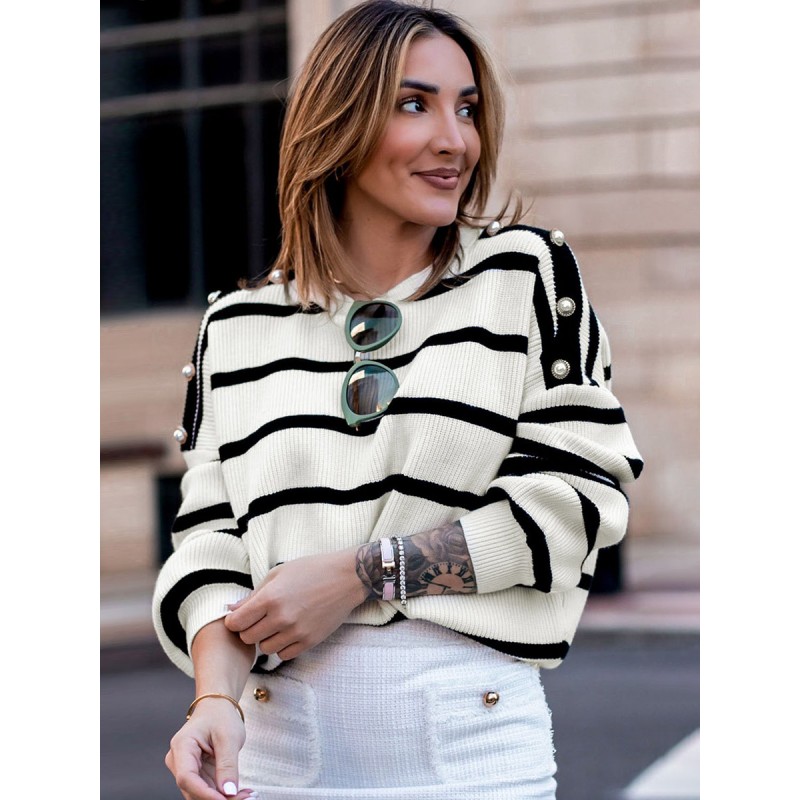 Pullovers For Women White Stripes Jewel Neck Long Sleeves Acrylic Sweaters Chic  Modern Casual Fall Winter