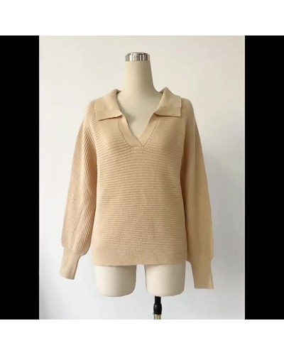 Women Pullover Sweater Khaki Turndown Collar Long Sleeves Acrylic Sweaters Casual Spring Fall Winter