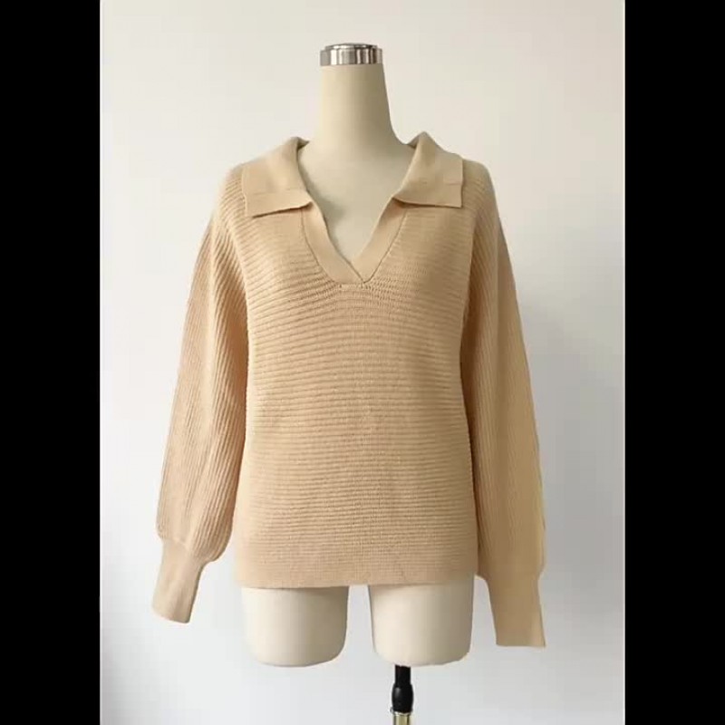 Women Pullover Sweater Khaki Turndown Collar Long Sleeves Acrylic Sweaters Casual Spring Fall Winter