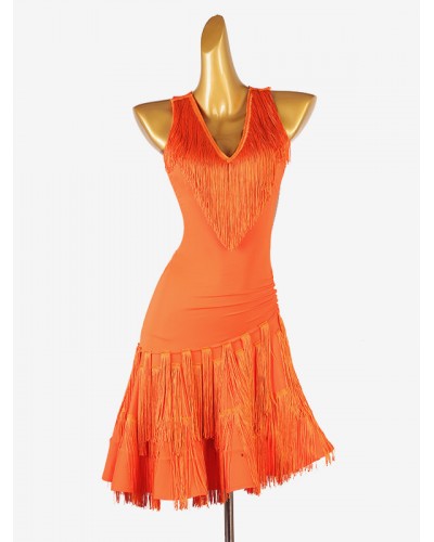 Women Latin Dance Dresses Orange 's Lycra Spandex Dress Fringe Latin Dancer Dancing Costume