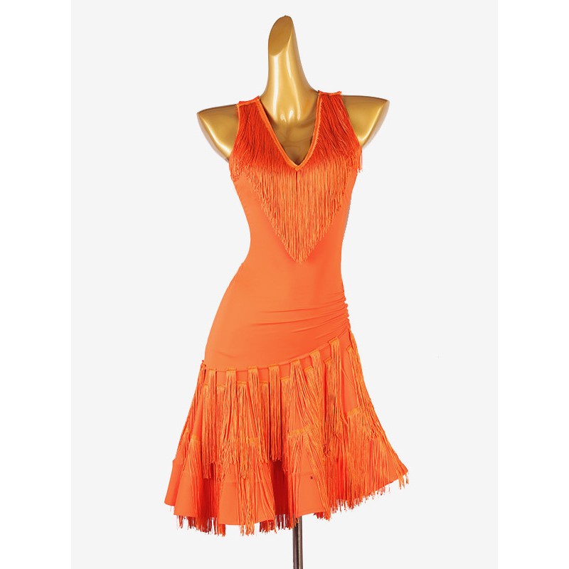 Women Latin Dance Dresses Orange 's Lycra Spandex Dress Fringe Latin Dancer Dancing Costume