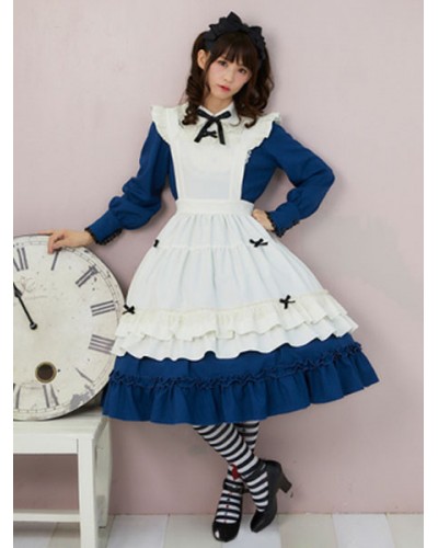 Maiden Style Lolita OP Dress Bow Ruffle Blue Lolita One Piece Dress With Apron Classic  Traditional Summer Fall Daily Casual Tea Party