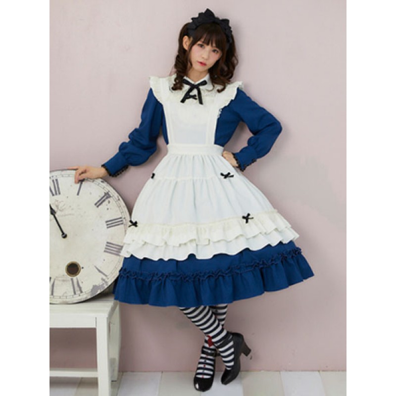 Maiden Style Lolita OP Dress Bow Ruffle Blue Lolita One Piece Dress With Apron Classic  Traditional Summer Fall Daily Casual Tea Party